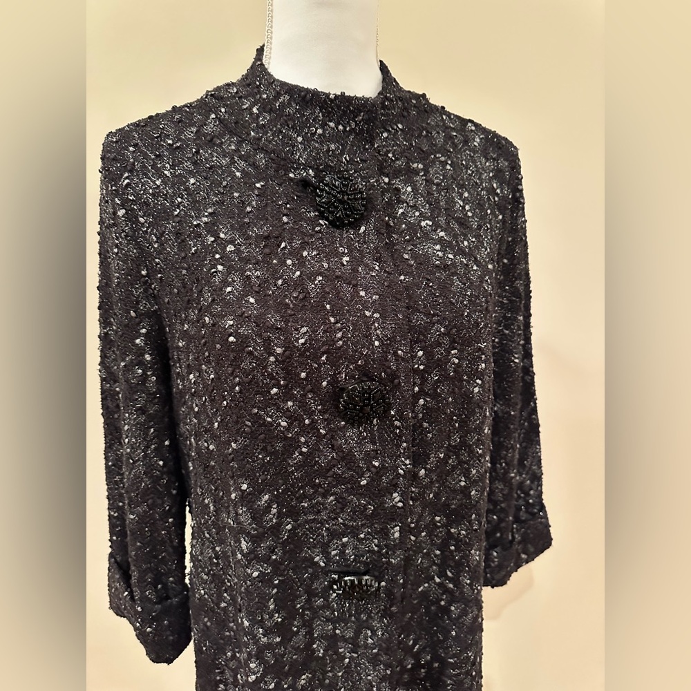 JM Collection Black Coat with Textured Design - Picture 2 of 5